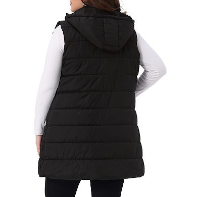 Women's Plus Size Quilted Long Vest Hooded Zip Up Sleeveless Puffer Jacket with Pockets