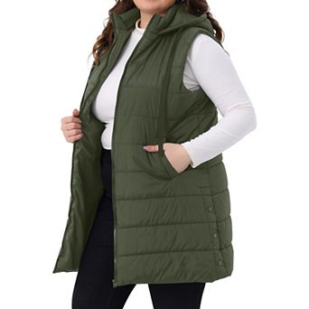 Women's Plus Size Quilted Long Vest Hooded Zip Up Sleeveless Puffer Jacket with Pockets