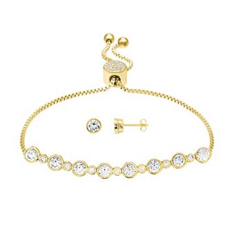 Brilliance 18k Gold Flash Plated Cubic Zirconia Stud Earrings & Adjustable Bracelet Set