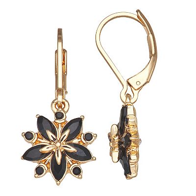 Napier Gold Tone Jet Stone Holiday Flower Drop Earrings