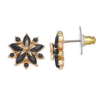 Napier Gold Tone Jet Stone Flower Stud Earrings