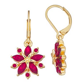 Napier Gold Tone Red Stone Holiday Flower Drop Earrings