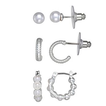 Napier 3-Pair Simulated Pearl Hoop Earring Set