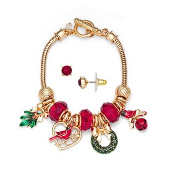 Napier Gold Tone Charm Bracelet & Stud Earring Set