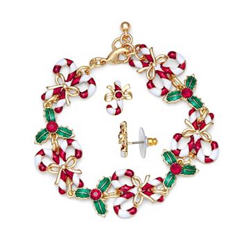 Napier Gold Tone Candy Cane & Holly Bracelet & Earring Set