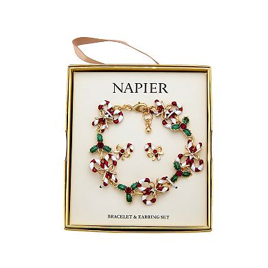 Napier Gold Tone Candy Cane & Holly Bracelet & Earring Set