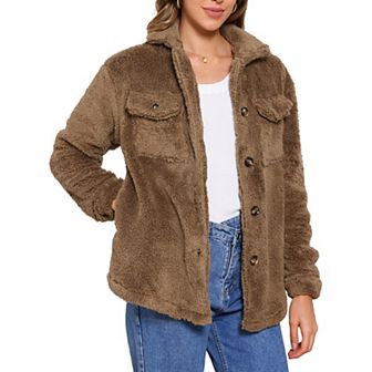Faux Fur Coats for Women's Lapel Button Down Fleece Jacket Outerwear