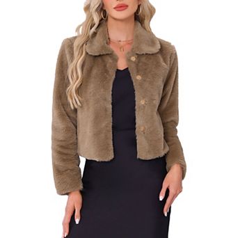 Dressy Faux Fur Coat for Women's Cropped Snap Button Winter Wedding Fluffy Jackets