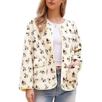 Women's Jacket Vintage Floral Print Long Sleeve Winter Warm Outwear Collarless Faux Shearling Coat
