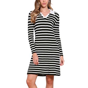 Sweater Dress for Women's Casual Long Sleeve Striped V Neck A Line Ribbed Knit Above the Knee Dress