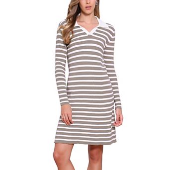 Sweater Dress for Women's Casual Long Sleeve Striped V Neck A Line Ribbed Knit Above the Knee Dress