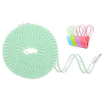 Windproof Clothesline, Plastic Non-Slip Clothes Drying Rope with 12 Clips, Portable Washing Line