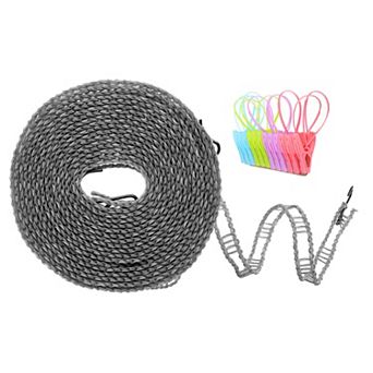 Windproof Clothesline, Plastic Non-Slip Clothes Drying Rope with 12 Clips, Portable Washing Line