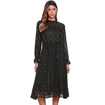 Casual Midi Dresses for Women Sheer Sleeve Smocked Waist Metallic Stars Party Dresses with Lining