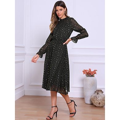 Casual Midi Dresses for Women Sheer Sleeve Smocked Waist Metallic Stars Party Dresses with Lining