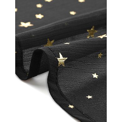 Casual Midi Dresses for Women Sheer Sleeve Smocked Waist Metallic Stars Party Dresses with Lining