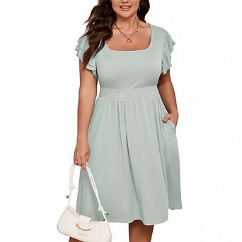 Women Plus Size Midi Dress Short Ruffle Sleeves High Waist Casual Summer Dress with Pockets