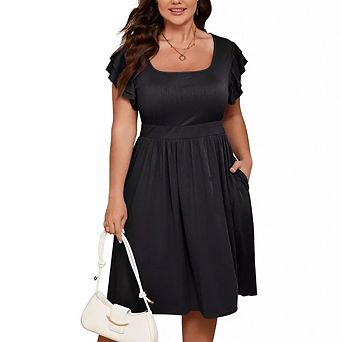 Women Plus Size Midi Dress Short Ruffle Sleeves High Waist Casual Summer Dress with Pockets