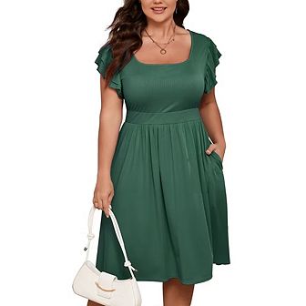 Women Plus Size Midi Dress Short Ruffle Sleeves High Waist Casual Summer Dress with Pockets