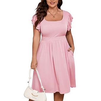 Women Plus Size Midi Dress Short Ruffle Sleeves High Waist Casual Summer Dress with Pockets