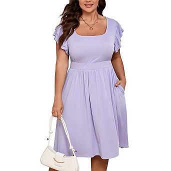 Women Plus Size Midi Dress Short Ruffle Sleeves High Waist Casual Summer Dress with Pockets