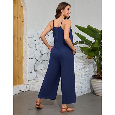 Maternity Sleeveless Jumpsuit Summer Wide Leg Romper with Spaghetti Straps, Pockets, and Long Pants