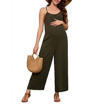 Maternity Sleeveless Jumpsuit Summer Wide Leg Romper with Spaghetti Straps, Pockets, and Long Pants