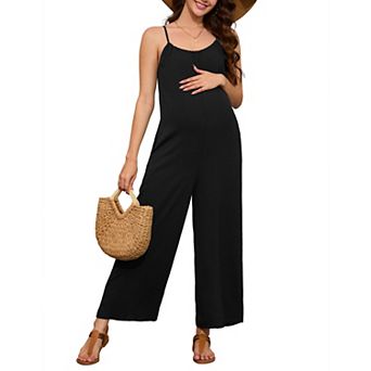 Maternity Sleeveless Jumpsuit Summer Wide Leg Romper with Spaghetti Straps, Pockets, and Long Pants
