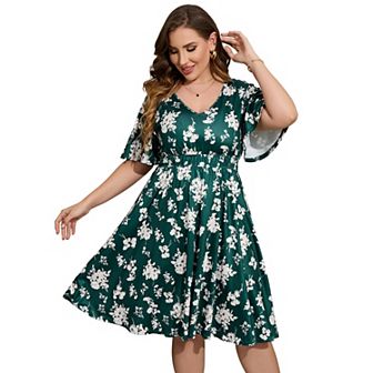 Women's Plus Size Boho Floral V Neck Ruffle Short Sleeve Dress Elastic High Waist A Line Dress