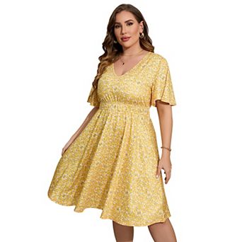 Women's Plus Size Boho Floral V Neck Ruffle Short Sleeve Dress Elastic High Waist A Line Dress
