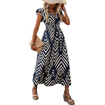 Women's V-Neck Ruffled Sleeve Striped Printed Casual Dress with Ruffled Hem Elastic Waist Dresses