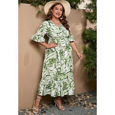 Floerns Women’s Plus Size Printed V-Neck Short Sleeve Summer Dress - Ruffle Hem & Cinched Waist