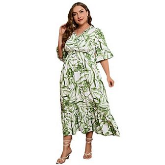 Women's Floral Print Plus Size Boho Dresses Bell Short Sleeves Ruffle Hem Flowy Cinched Waist Dress