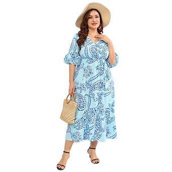 Women's Floral Print Plus Size Boho Dresses Bell Short Sleeves Ruffle Hem Flowy Cinched Waist Dress