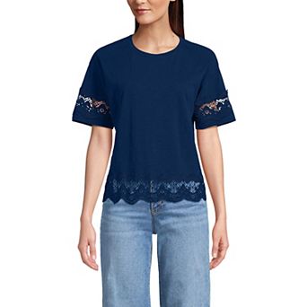 Women's Lands' End Short Sleeve Slub Jersey Cutwork T-Shirt