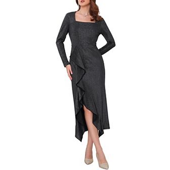 Women's Ruffle Front Slit Dress Midi Glitter Long Sleeve Cocktail Party Elegant Dresses