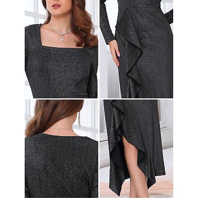 Women's Ruffle Front Slit Dress Midi Glitter Long Sleeve Cocktail Party Elegant Dresses