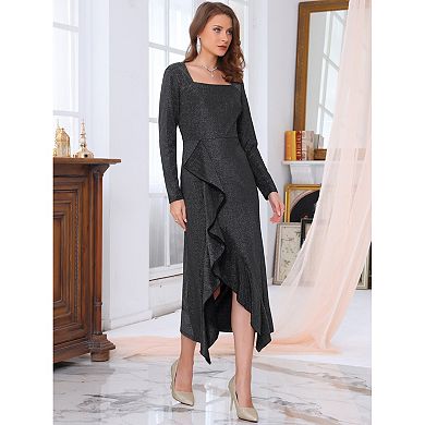 Women's Ruffle Front Slit Dress Midi Glitter Long Sleeve Cocktail Party Elegant Dresses