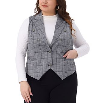 Plus Size Checkered Vest Lined Waistcoat for Curvy Women Vintage Office Plaid Vest Steampunk Jacket