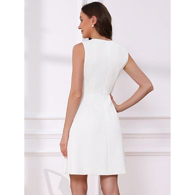 Tweed Dress for Women's Business Sleeveless Crew Neck Side Pleated Knee Length A-line Dress