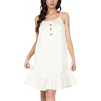 Women's Sleeveless Mini Floral Sleepdress with Button Front Detail and Ruffle Hem