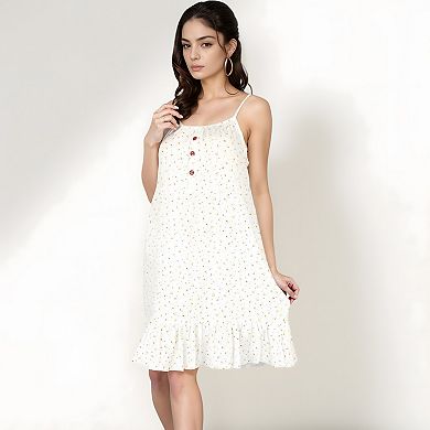 Women's Sleeveless Mini Floral Sleepdress with Button Front Detail and Ruffle Hem