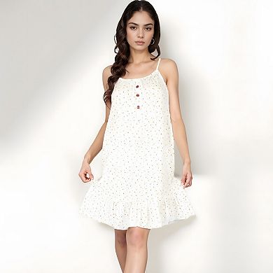 Women's Sleeveless Mini Floral Sleepdress with Button Front Detail and Ruffle Hem