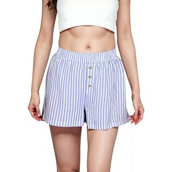Women's Seersucker Stripe Lounge Shorts with Elastic Waistband and Decorative Button Front