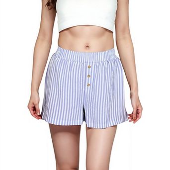 Women's Seersucker Stripe Lounge Shorts with Elastic Waistband and Decorative Button Front