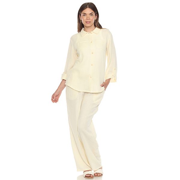 White Mark Women's Plus Size Long Sleeve Button Down Cotton Gauze Set