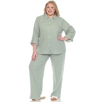 Plus Size Long Sleeve Button Down Cotton Gauze Set