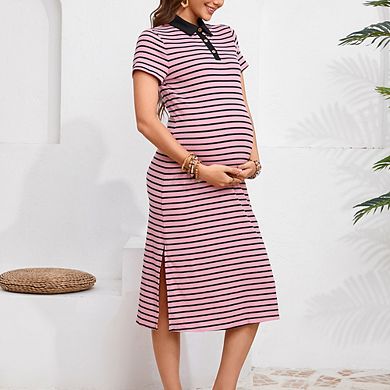 Maternity Dress Summer Collared V Neck Short Sleeve Striped Knit Button Side Slit Bodycon Midi Dress