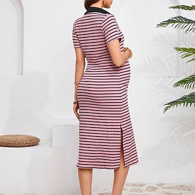 Maternity Dress Summer Collared V Neck Short Sleeve Striped Knit Button Side Slit Bodycon Midi Dress