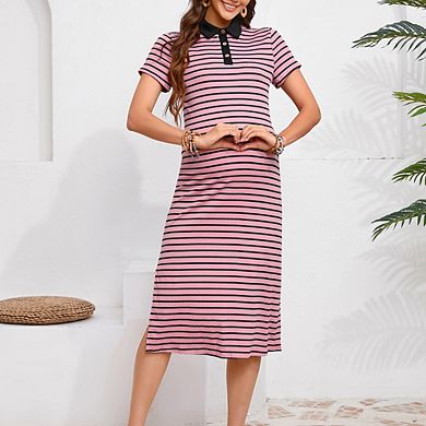 Maternity Dress Summer Collared V Neck Short Sleeve Striped Knit Button Side Slit Bodycon Midi Dress
